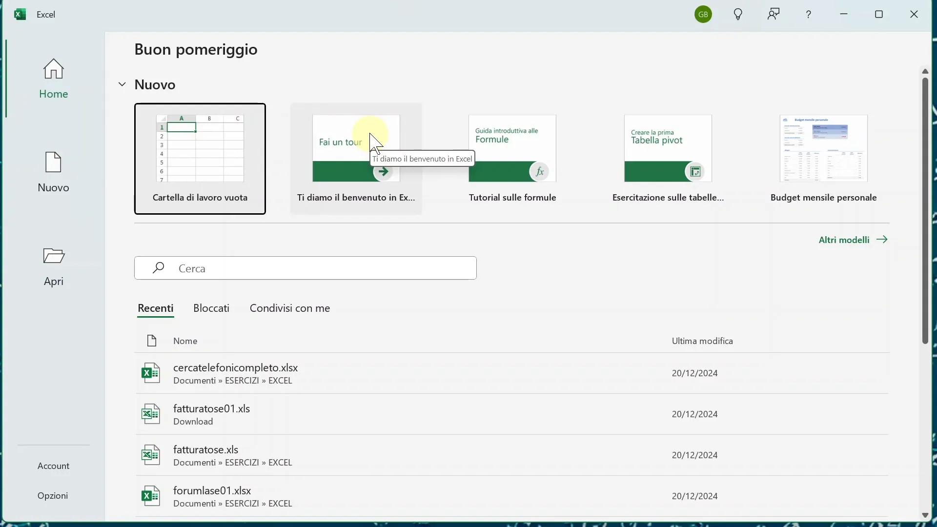 Schermata principale di Excel con opzioni e modelli