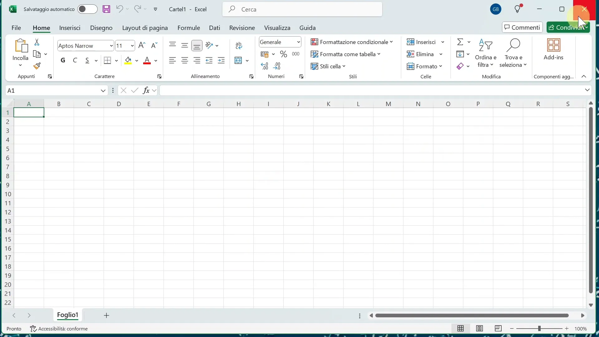 Chiudere Excel cliccando sulla X in alto a destra