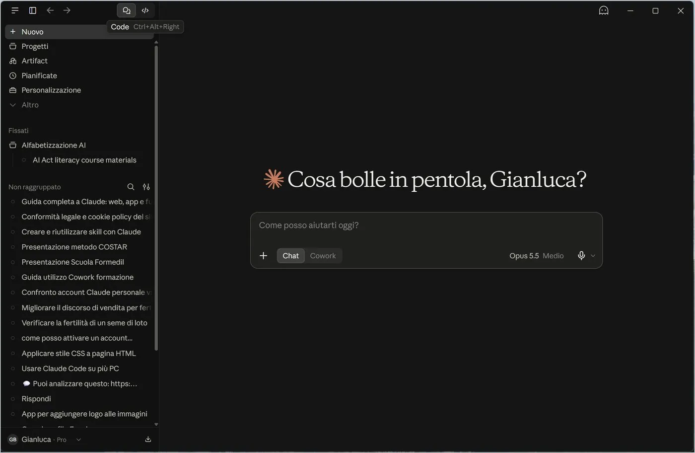 Una nuova chat: casella al centro, Nuovo evidenziato nella barra laterale.