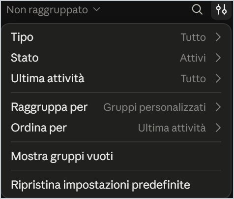 Filtri dell'elenco: Tipo, Stato, Ultima attività, Raggruppa per, Ordina per.