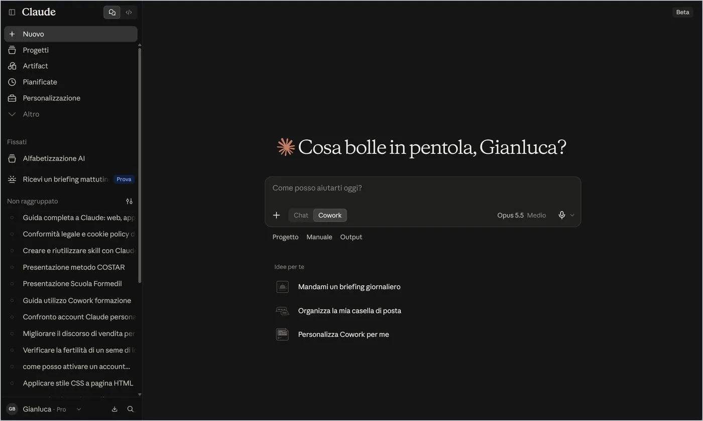 Cowork: schede Progetto, Manuale, Output e idee per iniziare.
