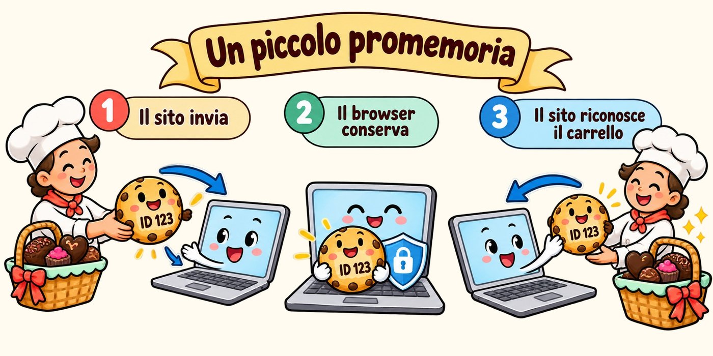 Tre passi: il sito invia un cookie con un codice, il browser lo conserva, il sito lo riconosce e ritrova il carrello