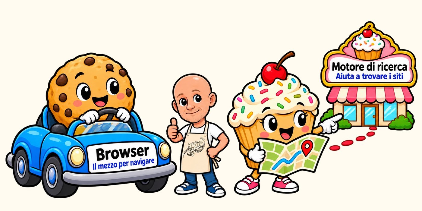 Un cookie guida un'auto chiamata Browser, un cupcake tiene la mappa del Motore di ricerca