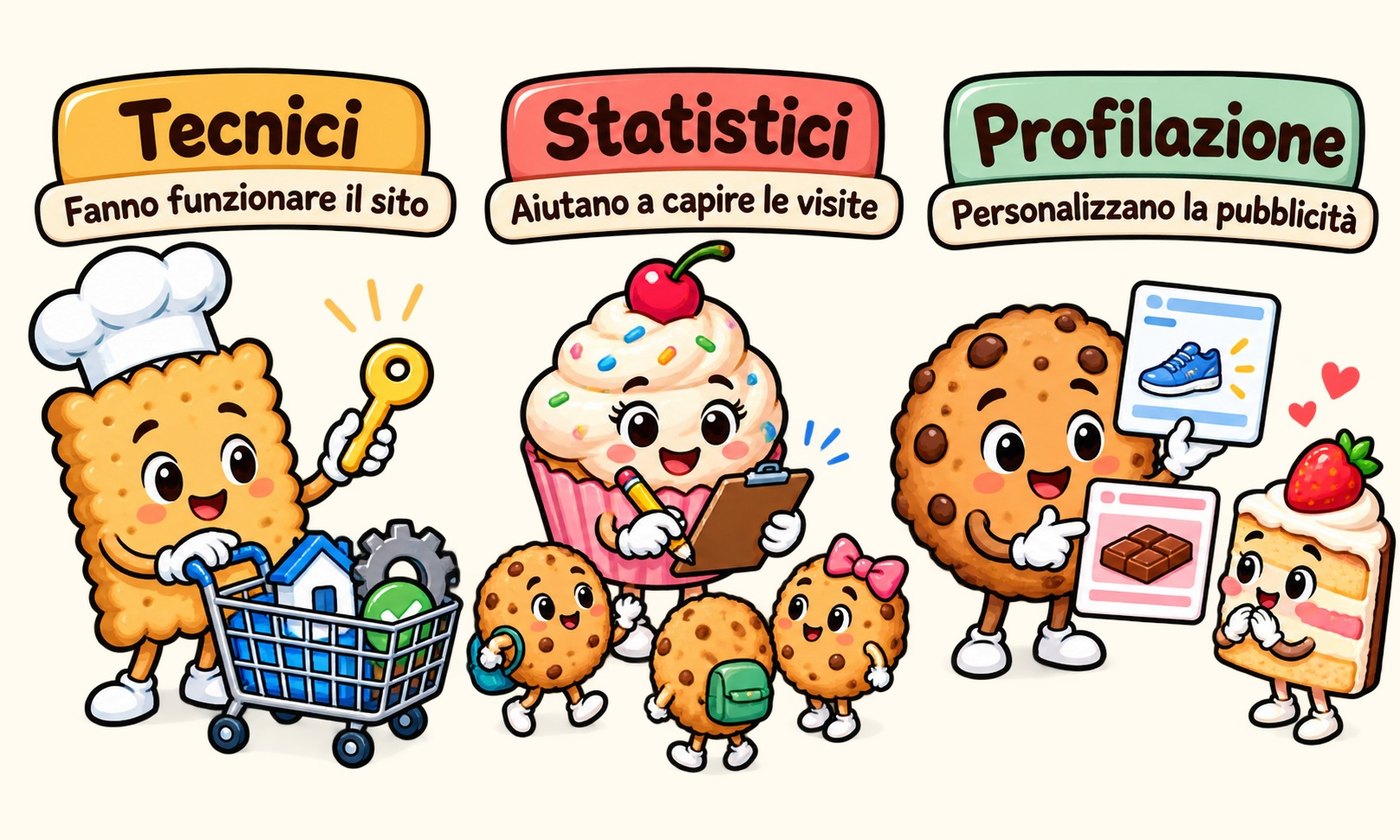 Tre gruppi di biscotti: tecnici con il carrello, statistici che contano i visitatori, profilazione con annunci di scarpe e cioccolatini