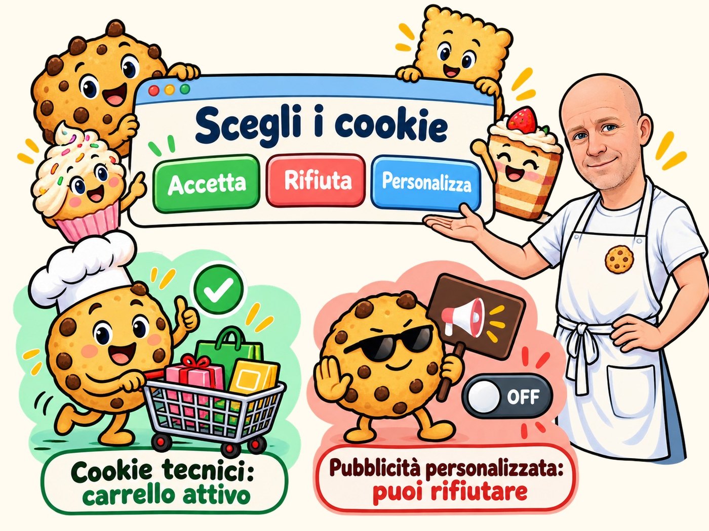Un banner con Accetta, Rifiuta, Personalizza; il cookie tecnico tiene il carrello, quello pubblicitario ha l'interruttore spento