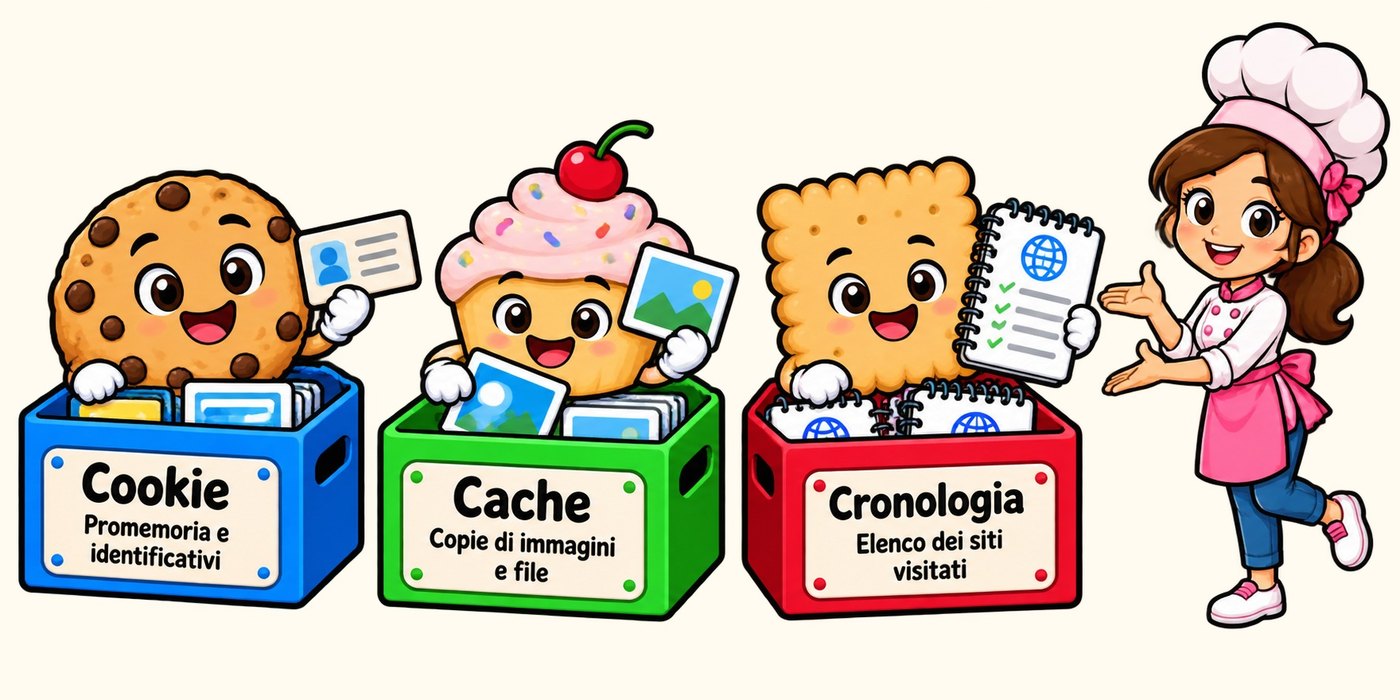 Tre scatole: Cookie con identificativi, Cache con copie di immagini, Cronologia con l'elenco dei siti visitati