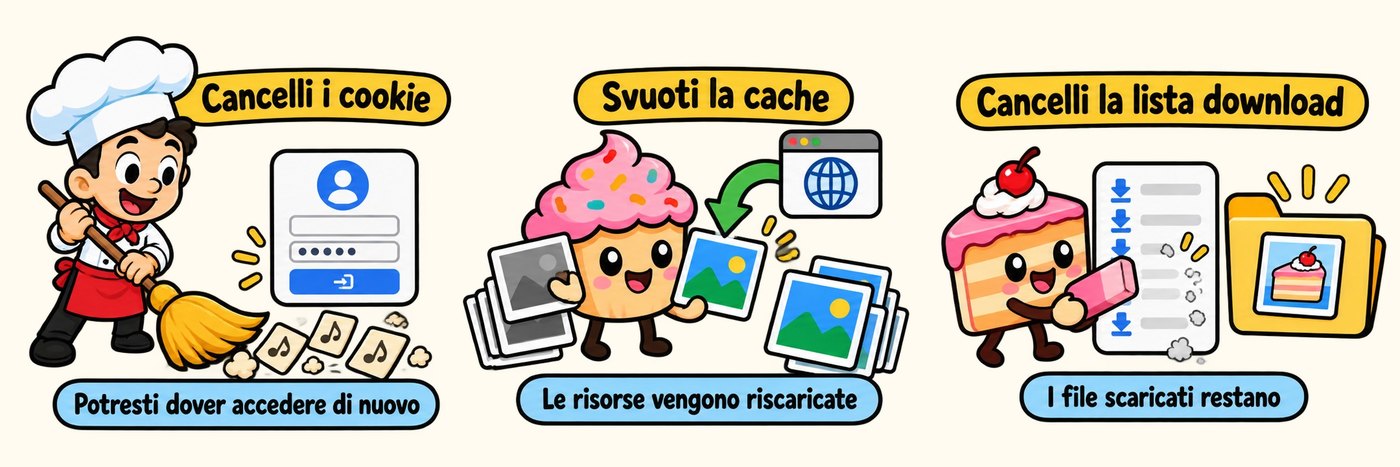 Cancelli i cookie: potresti dover accedere di nuovo. Svuoti la cache: le risorse vengono riscaricate. Cancelli i download: i file restano