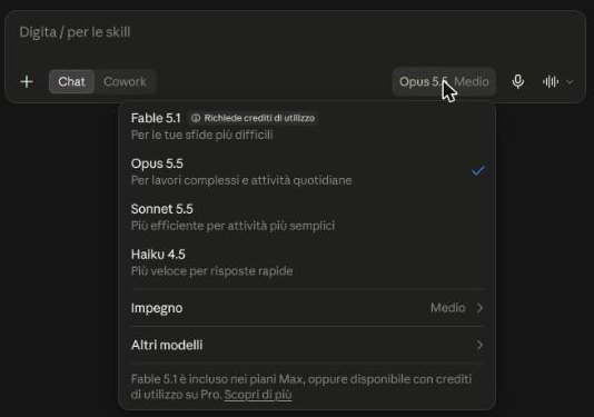 The model menu in claude.ai (screenshot, Italian interface).
