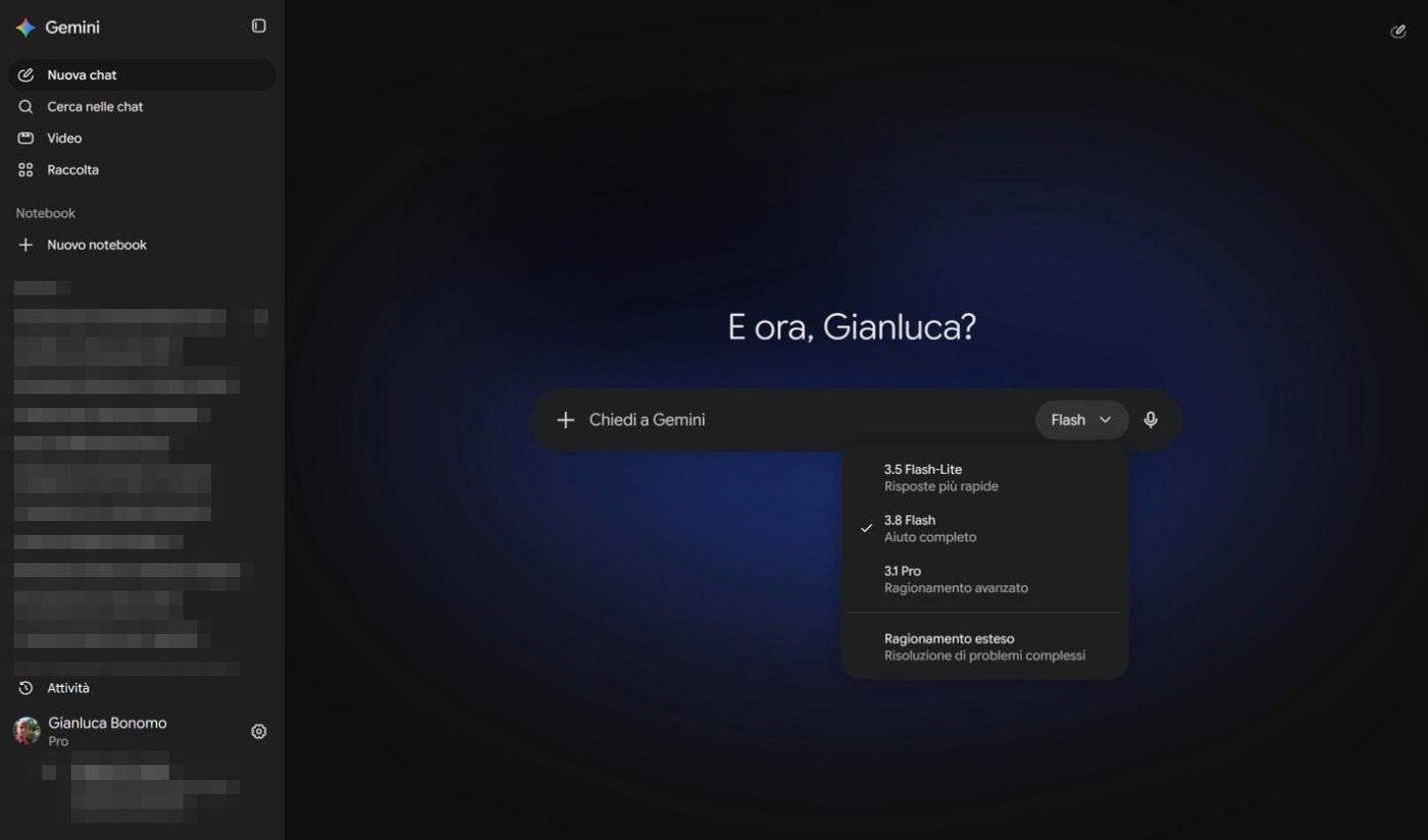 Menu a tendina dei modelli: 3.5 Flash-Lite, 3.8 Flash, 3.1 Pro e Ragionamento esteso