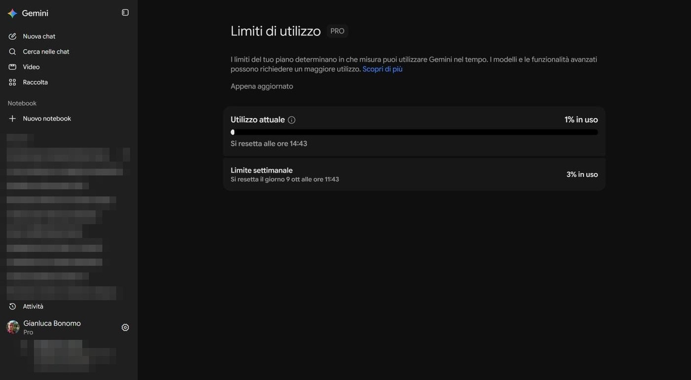 Pagina Limiti di utilizzo di Gemini con le barre di utilizzo attuale e limite settimanale