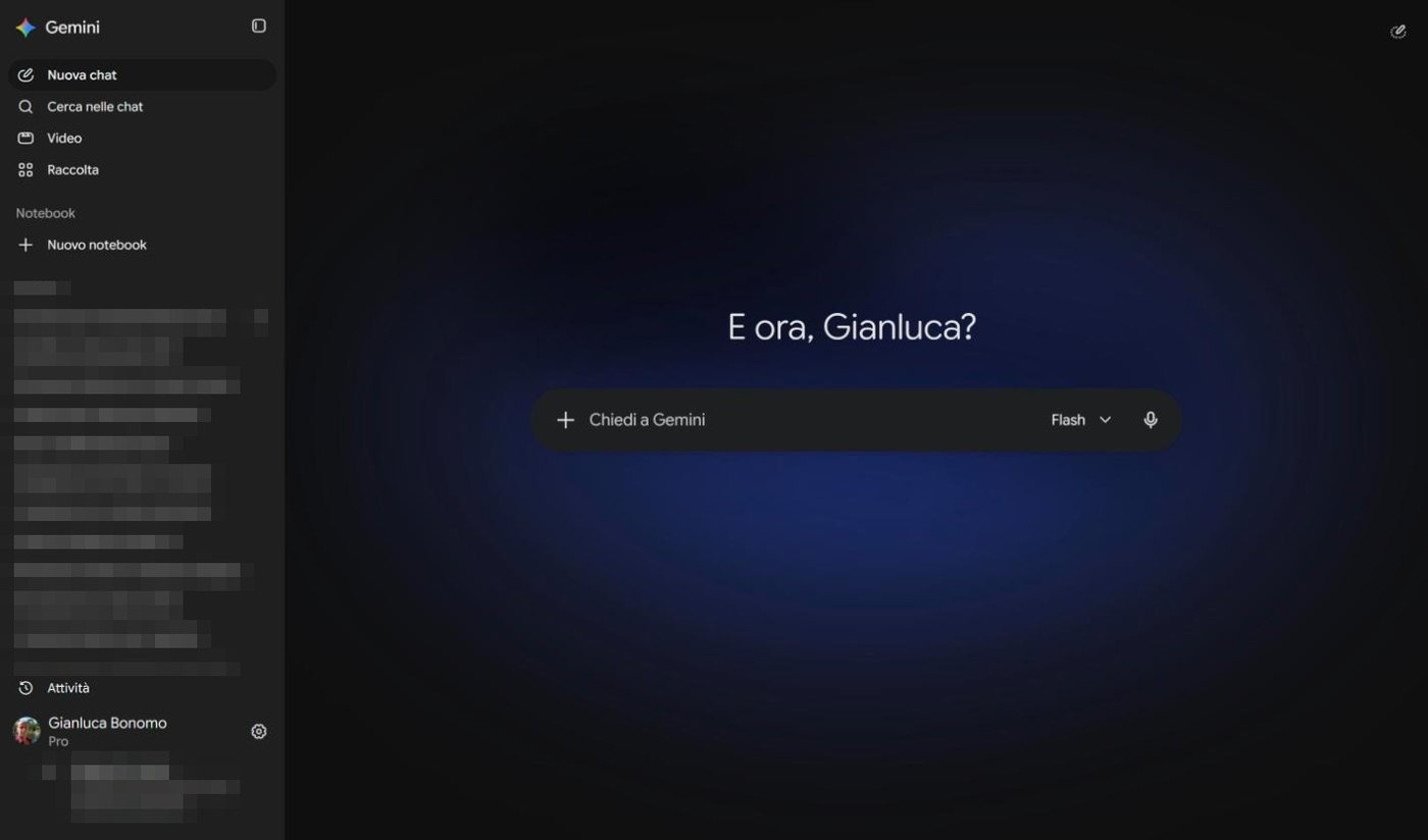 Home di Gemini con barra laterale, casella di scrittura e selettore del modello