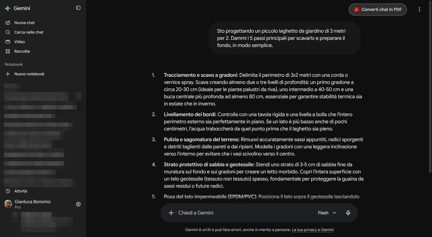 Chat con una risposta di cinque passi numerati sullo scavo di un laghetto