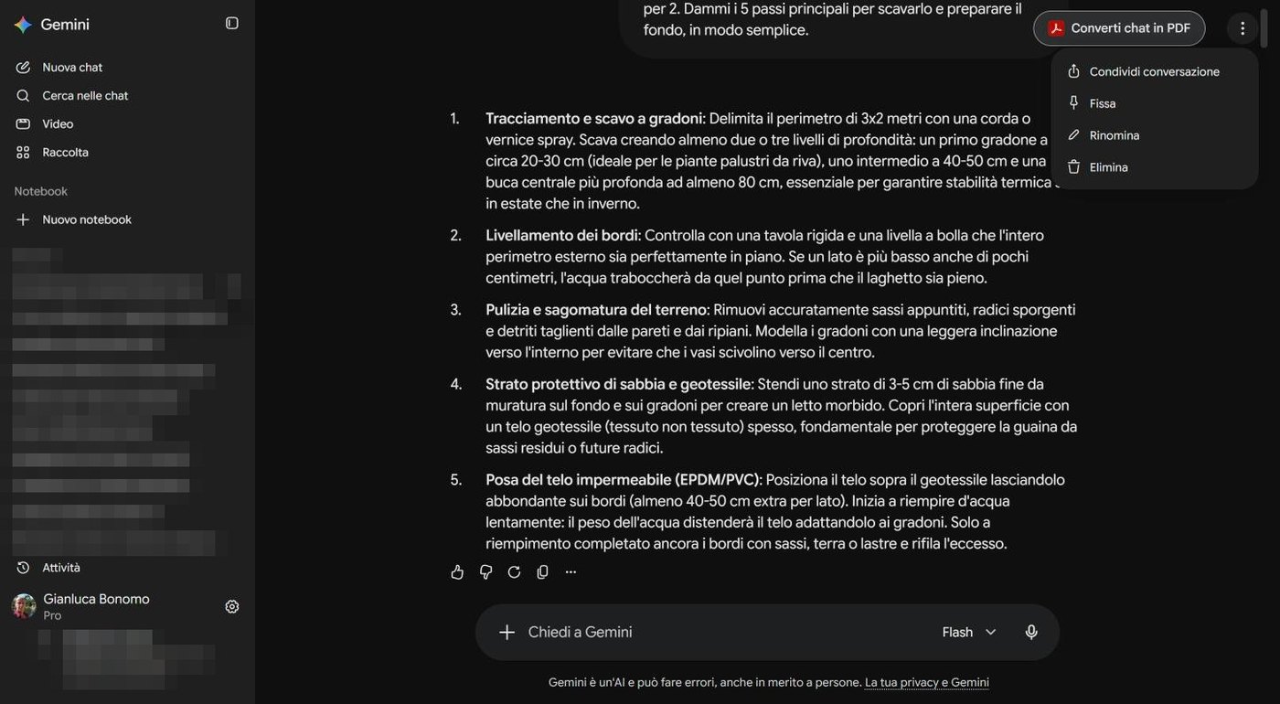 Menu con Condividi conversazione, Fissa, Rinomina, Elimina