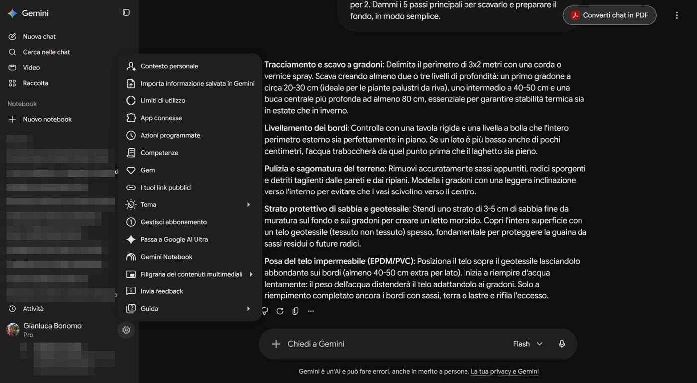 Menu delle impostazioni di Gemini con tutte le voci