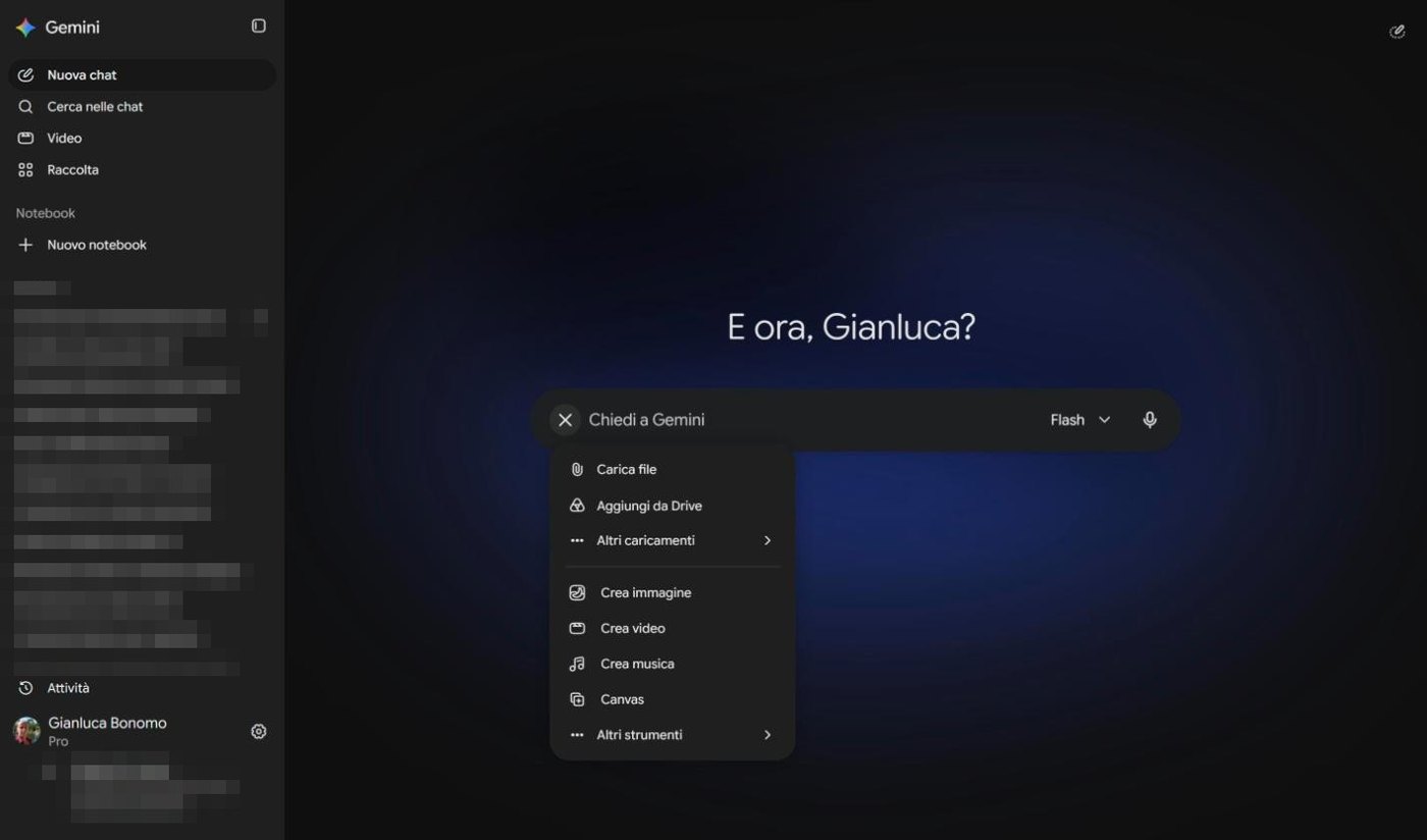 Menu con Carica file, Aggiungi da Drive, Altri caricamenti, Crea immagine, Crea video, Crea musica, Canvas e Altri strumenti
