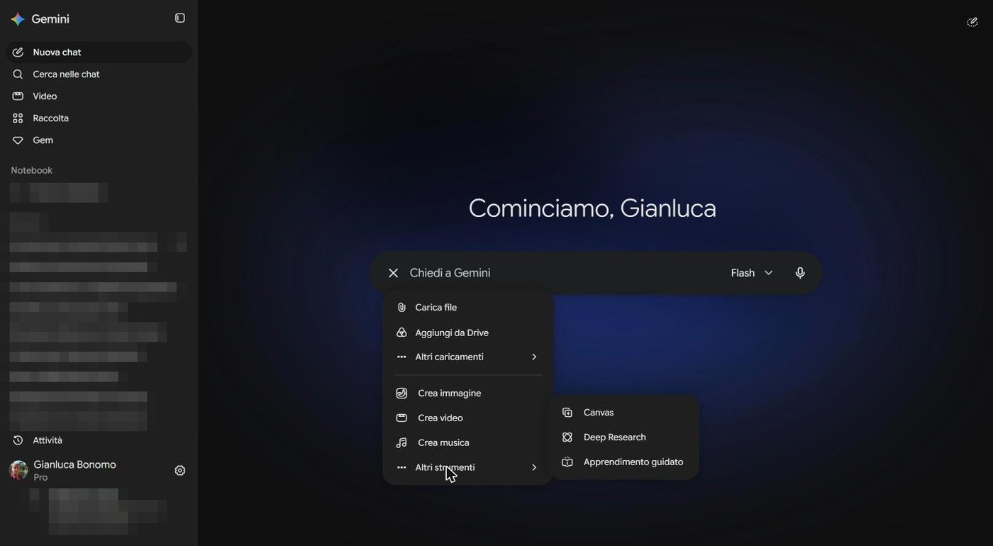 Menu del pulsante più con il sottomenu Altri strumenti: Canvas, Deep Research, Apprendimento guidato