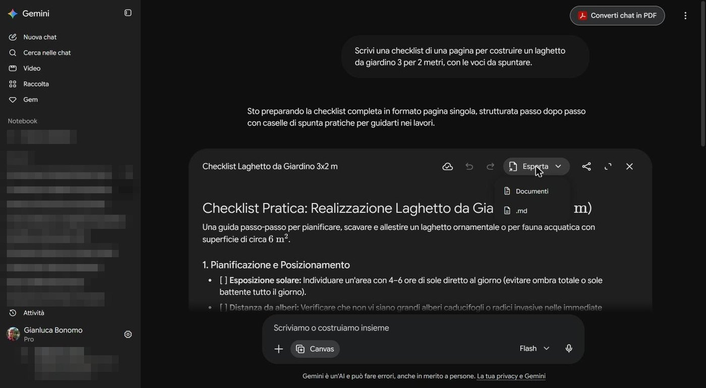 Menu Esporta di Canvas con Documenti e .md