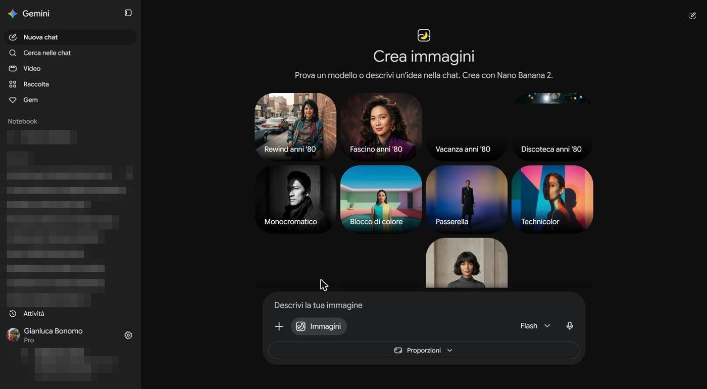 Pagina Crea immagini di Gemini con stili d'esempio e pulsante Proporzioni