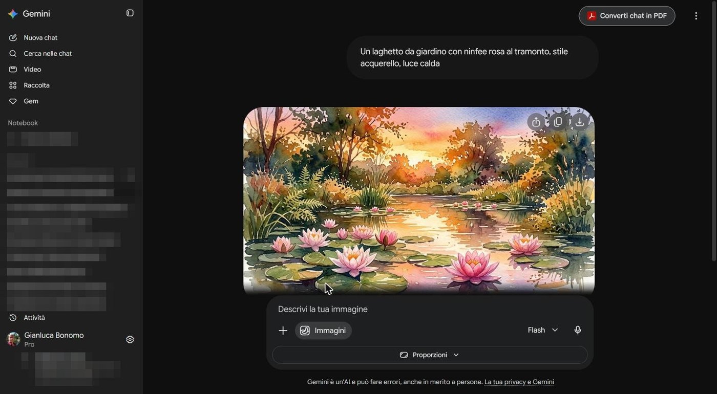 Chat con un acquerello di un laghetto con ninfee rosa al tramonto creato da Gemini
