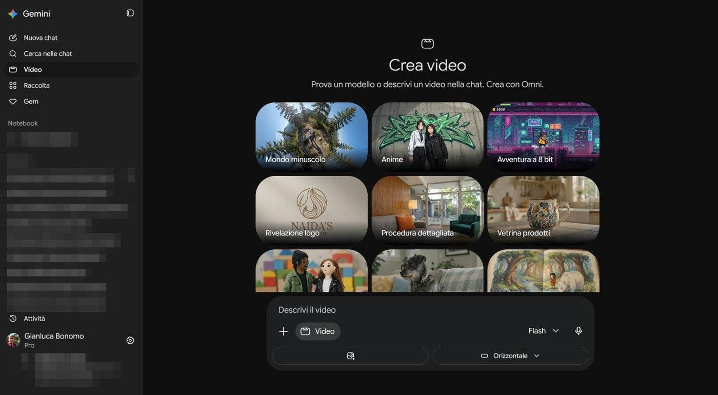 Pagina Crea video di Gemini con gli esempi e l'opzione Orizzontale