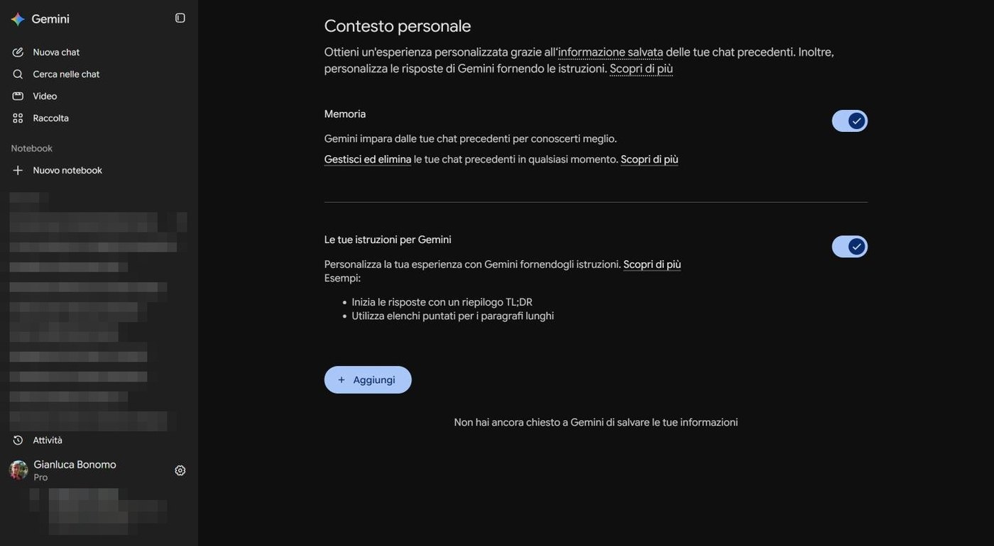 Pagina Contesto personale con Memoria e Le tue istruzioni per Gemini