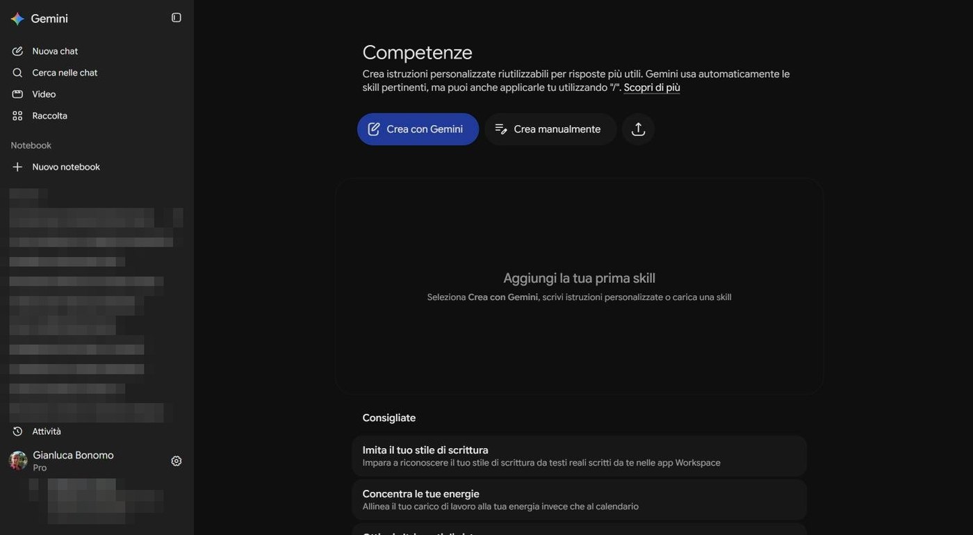 Pagina Competenze con Crea con Gemini, Crea manualmente e le skill consigliate