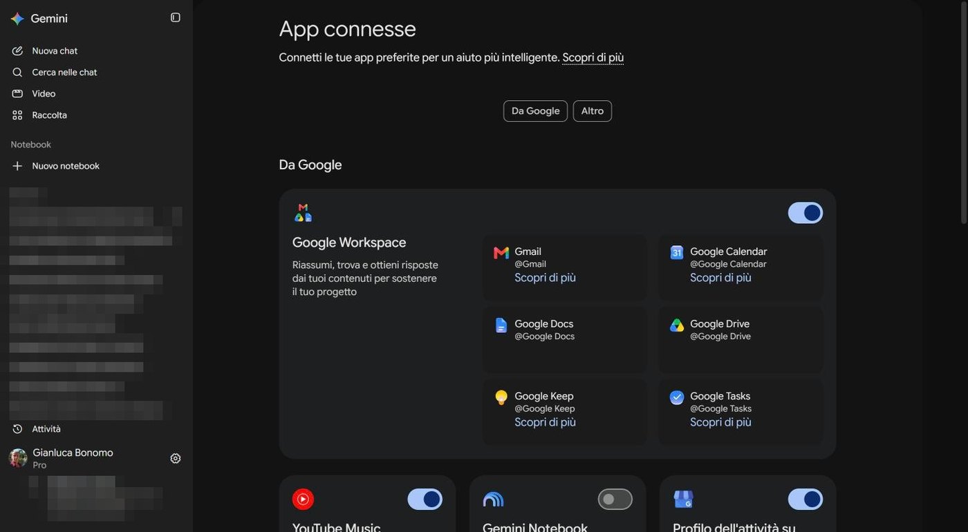 Pagina App connesse con Google Workspace, Gmail, Calendar, Docs, Drive, Keep e Tasks e altre integrazioni