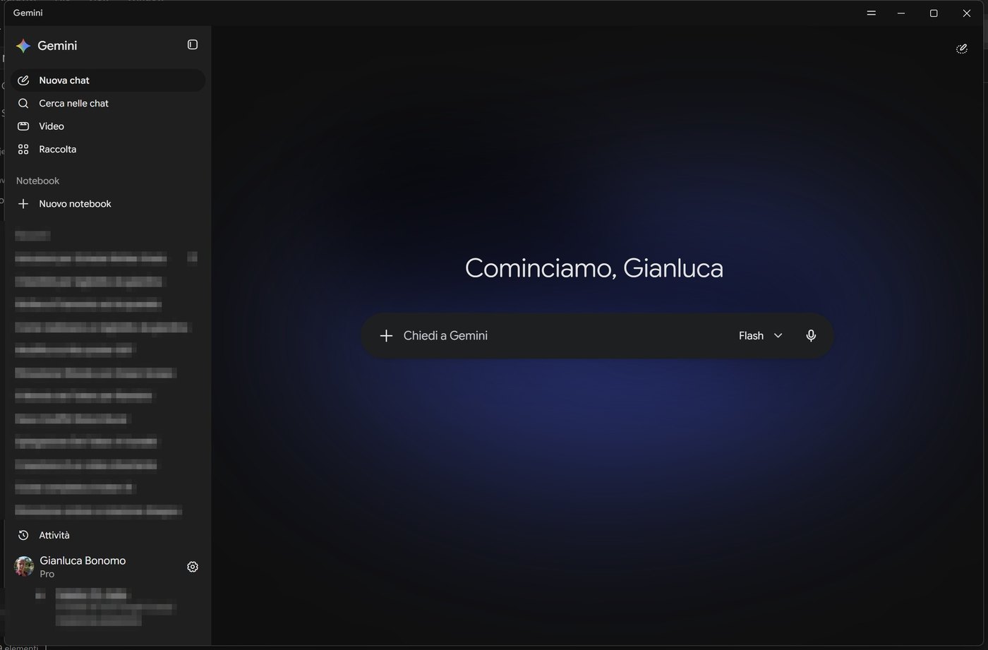 Finestra dell'app Gemini con barra laterale e casella di scrittura