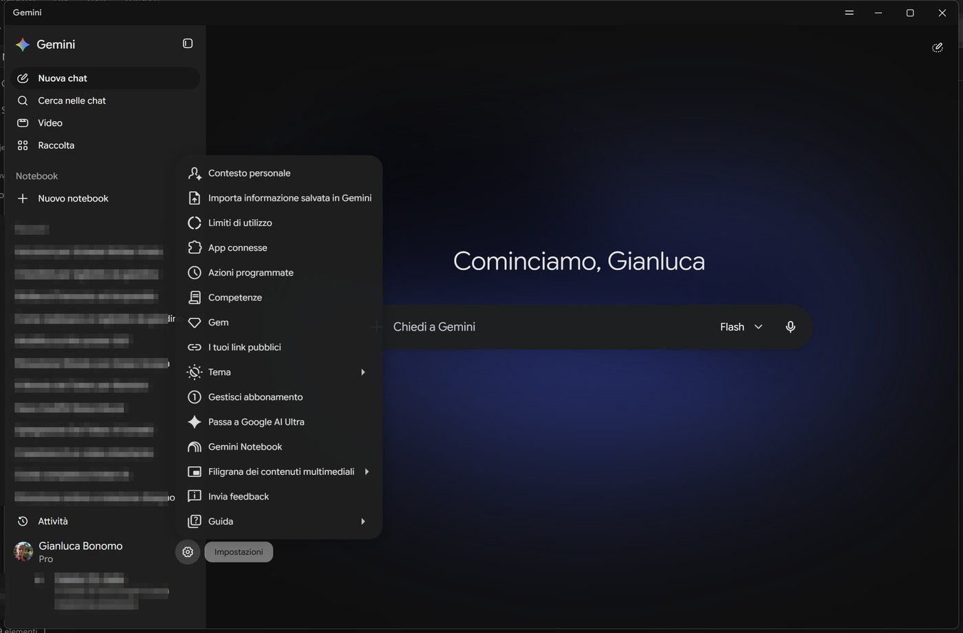 Menu delle impostazioni dell'app Gemini per Windows con Contesto personale, Limiti, App connesse e altre voci