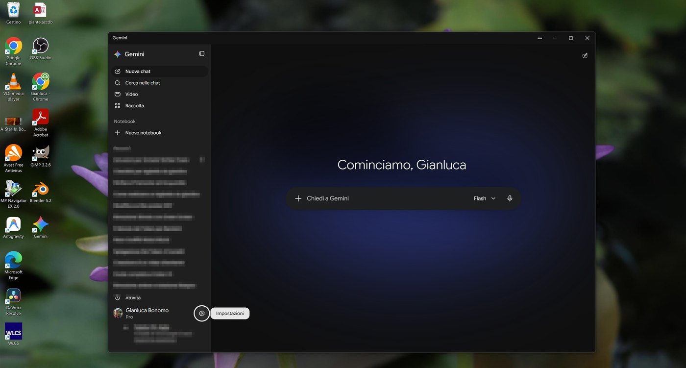 Desktop di Windows con la finestra di Gemini in primo piano