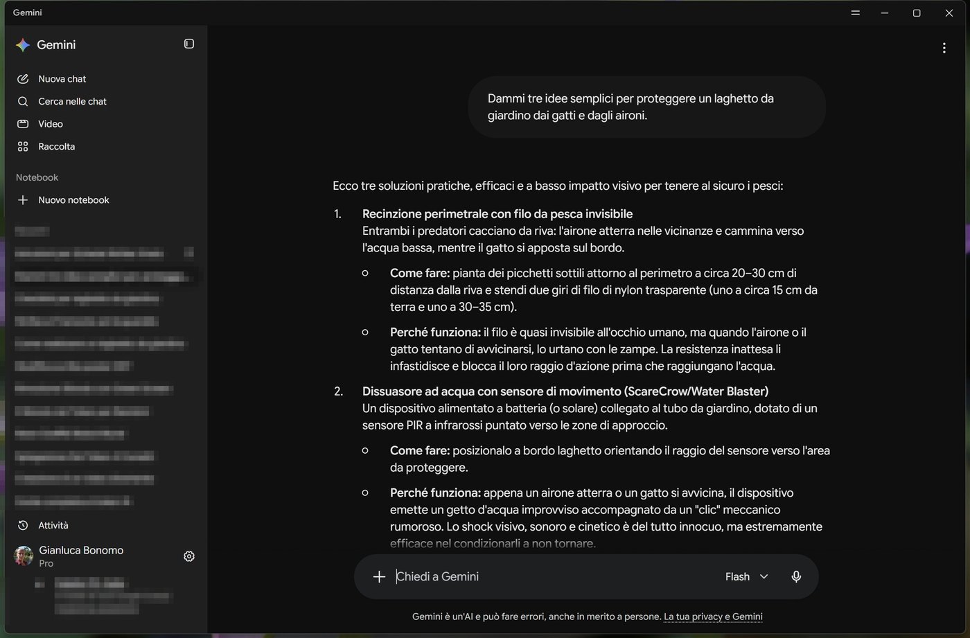 Chat nell'app Gemini con la risposta su come proteggere un laghetto da gatti e aironi