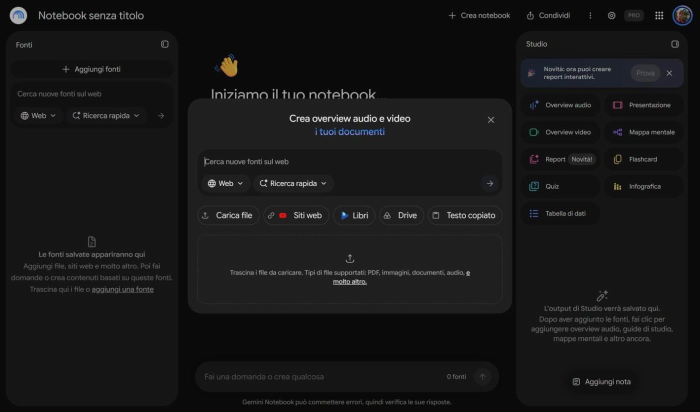 Finestra con Carica file, Siti web, Libri, Drive, Testo copiato e ricerca sul web