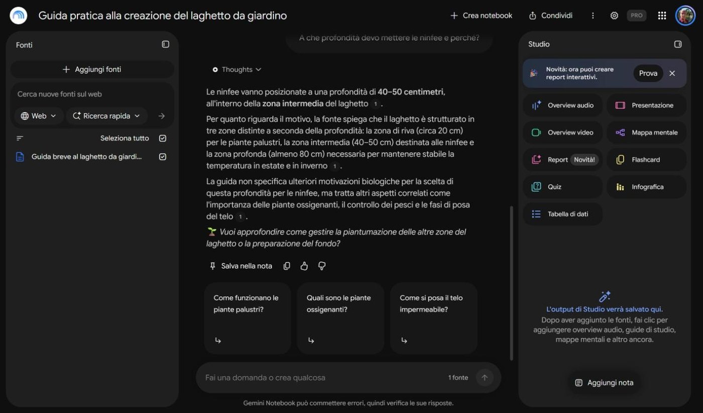 Risposta di Gemini Notebook sulla profondità delle ninfee con numeri di citazione