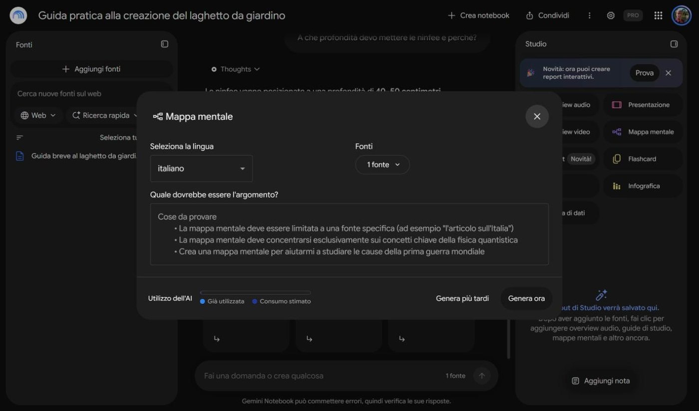 Finestra Mappa mentale con lingua, fonti, argomento e utilizzo dell'AI