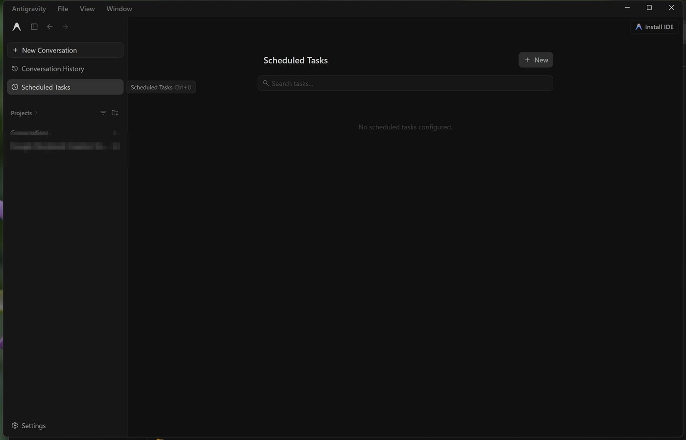 Pagina Scheduled Tasks con nessun compito configurato
