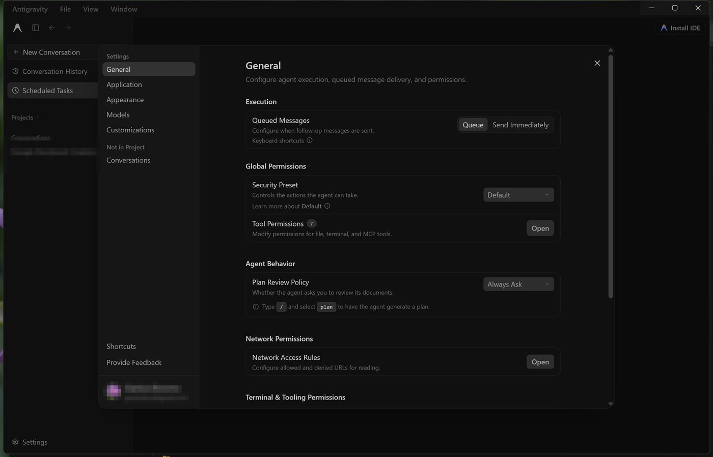 Impostazioni General di Antigravity con Security Preset e Plan Review Policy