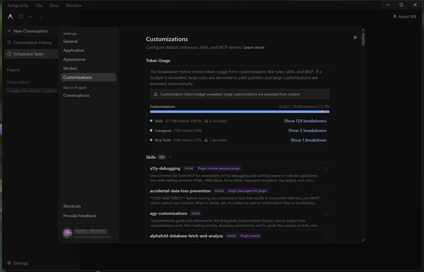 Pagina Customizations con budget di token e skill