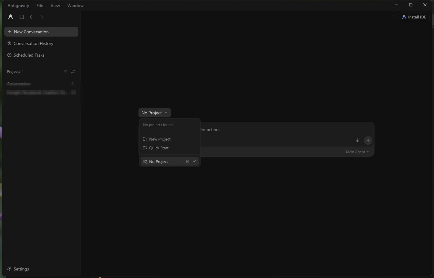 Menu No Project con New Project, Quick Start e No Project