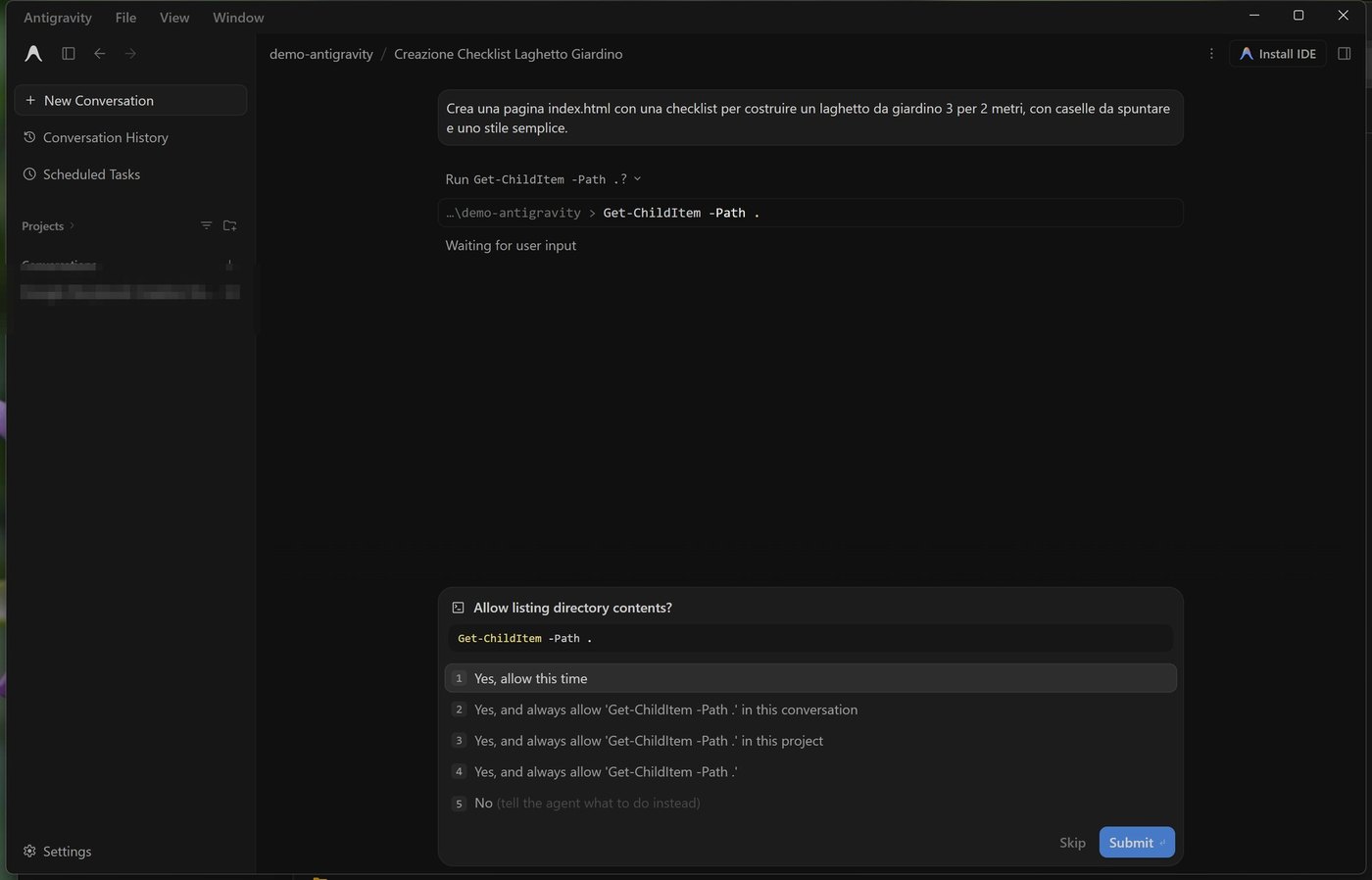 Richiesta Allow listing directory contents con cinque opzioni