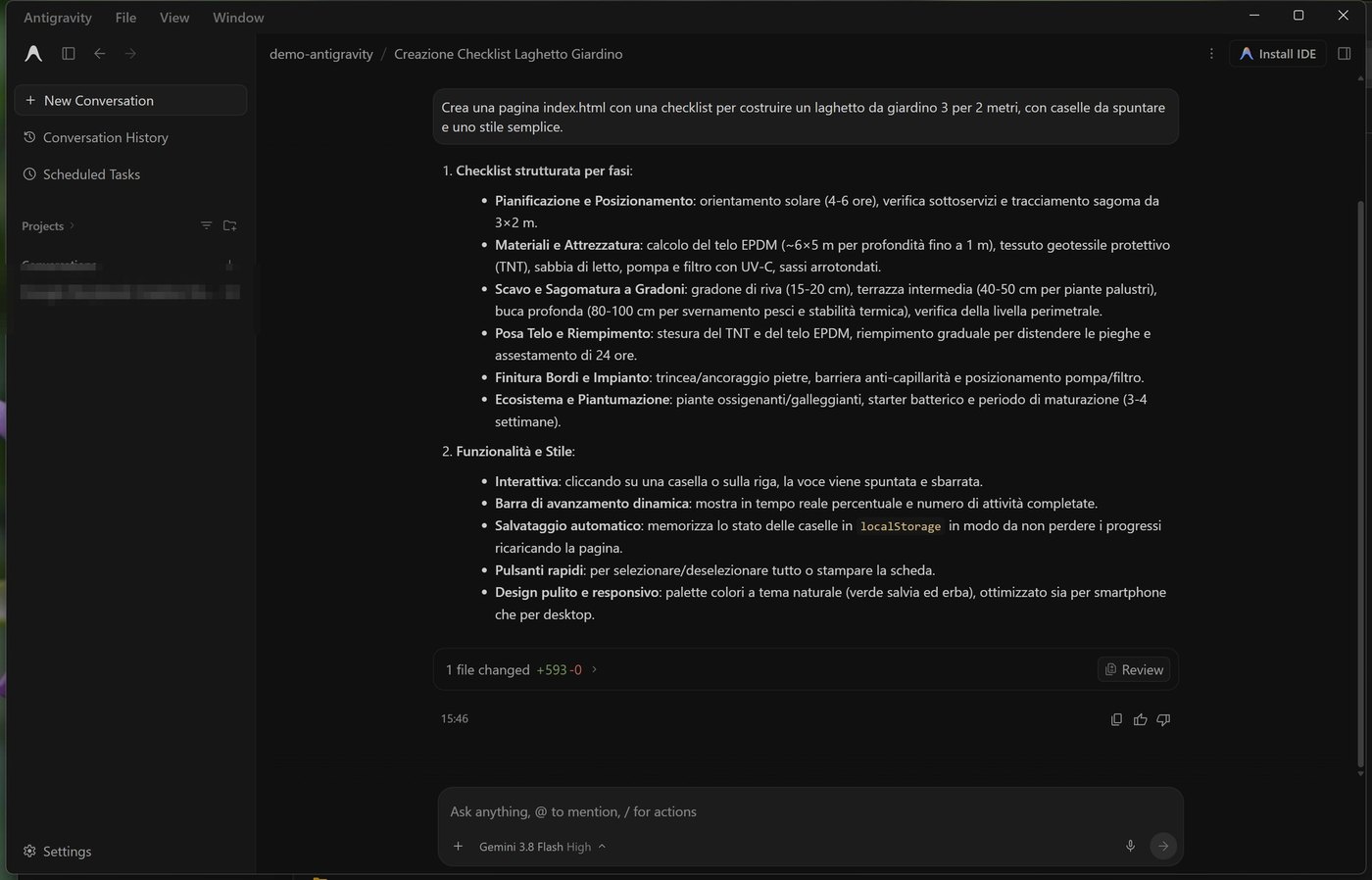 Relazione finale dell'agente con 1 file changed e pulsante Review