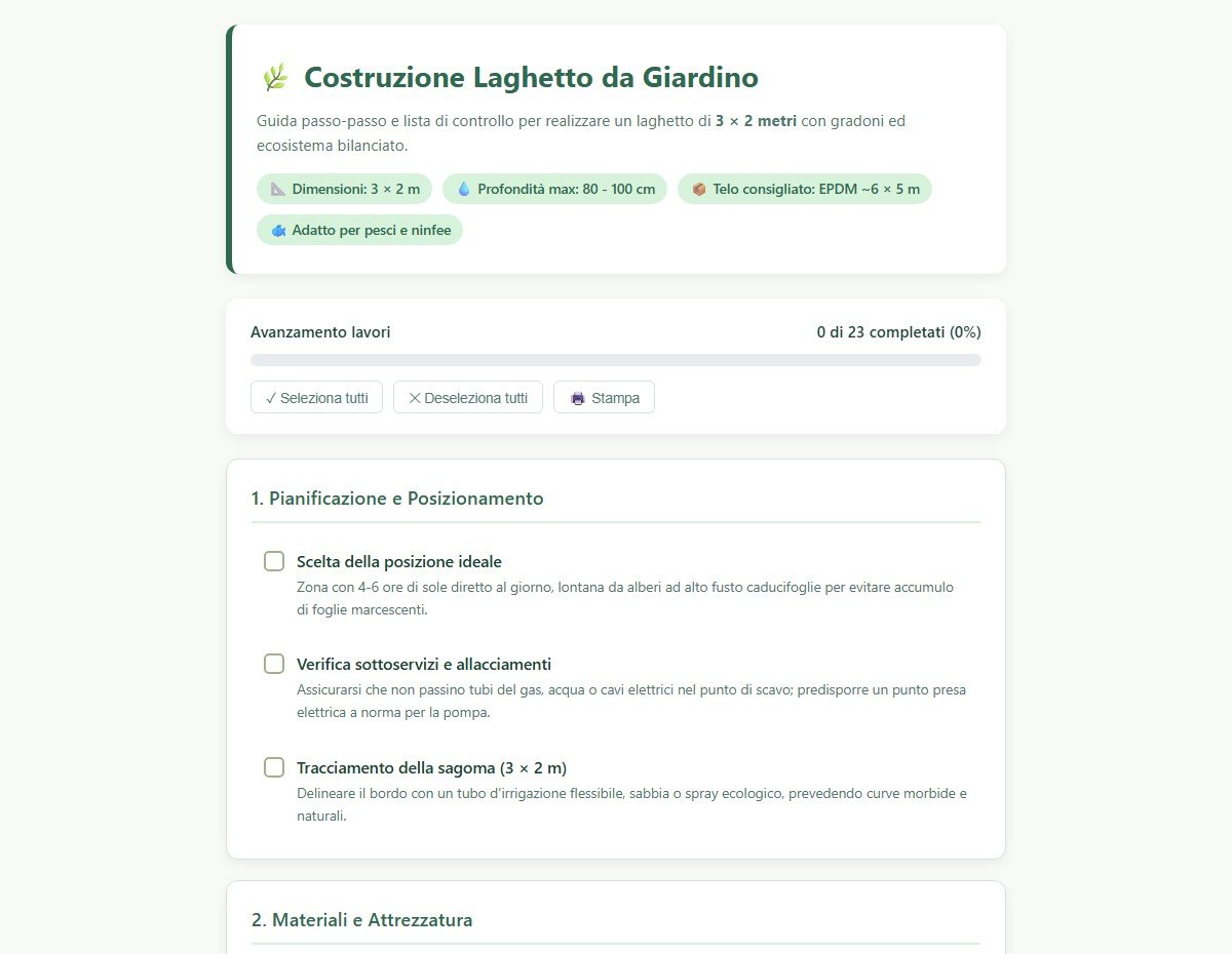 Pagina web Costruzione Laghetto da Giardino con barra di avanzamento e checklist
