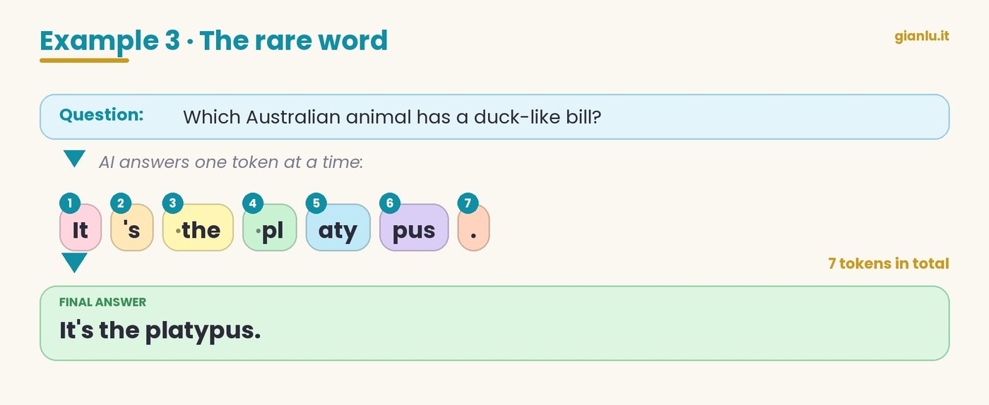 Seven colourful tokens, three of them for the word platypus