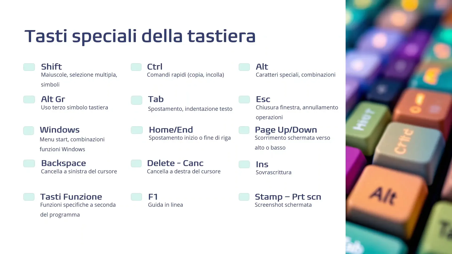 Riepilogo tasti speciali della tastiera