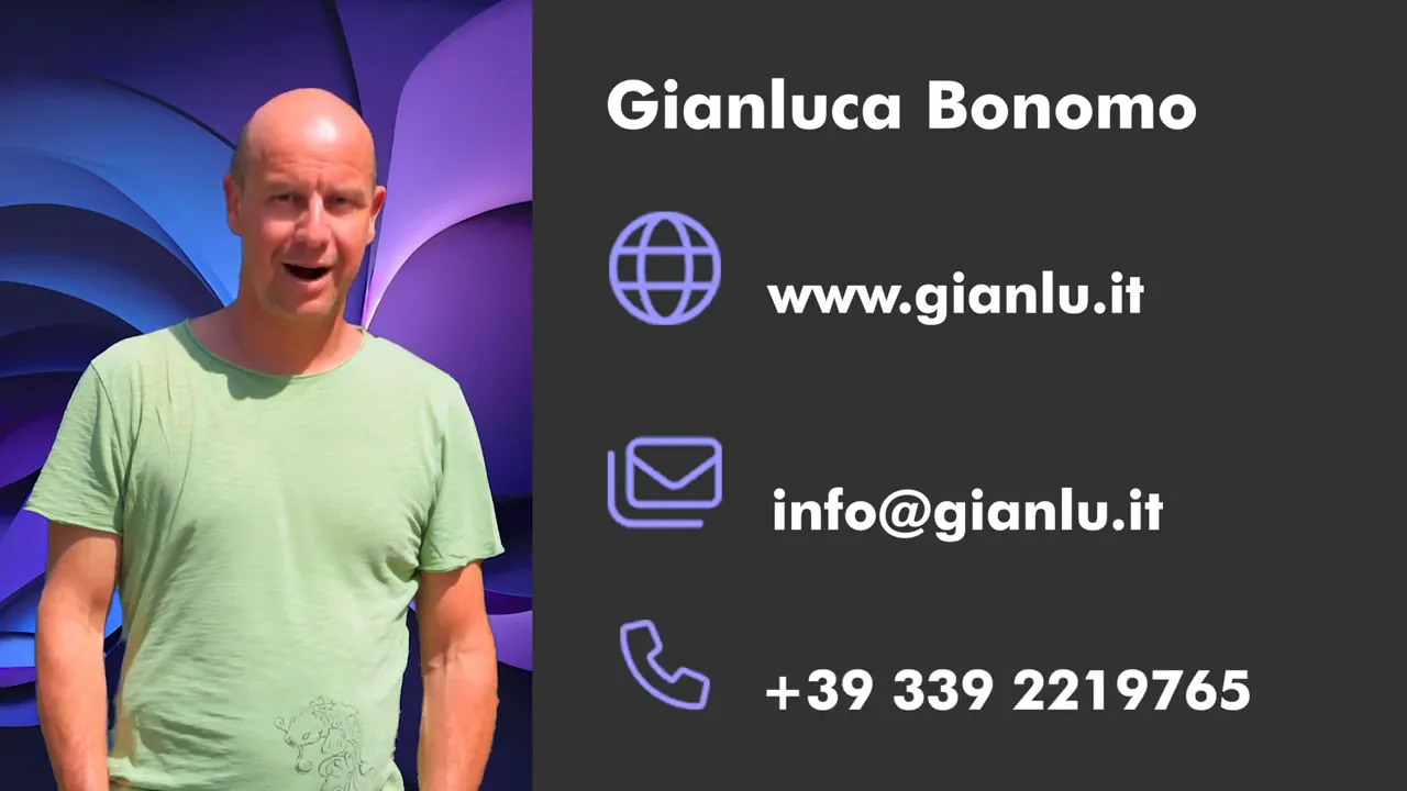Schermata finale con nome, sito, email e numero di telefono