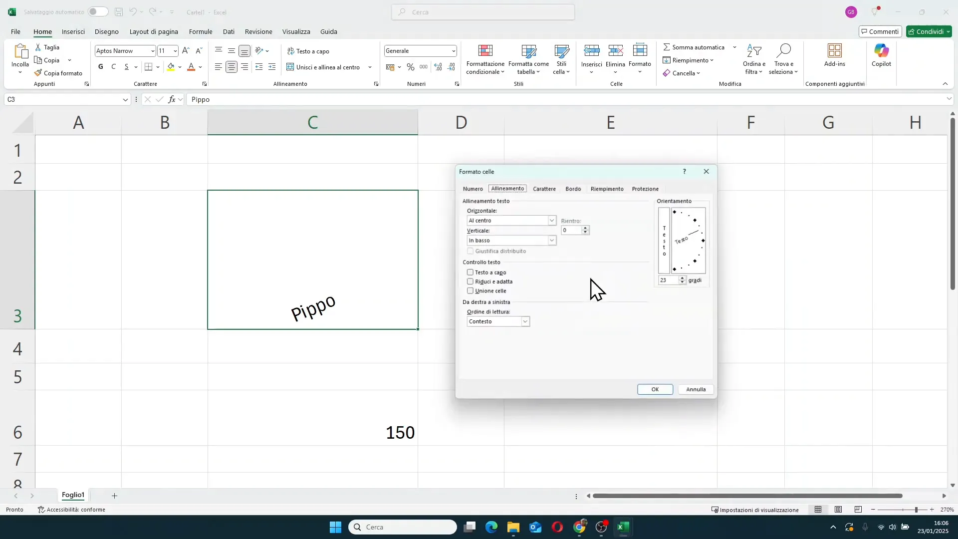 Rotazione personalizzata del testo in Excel