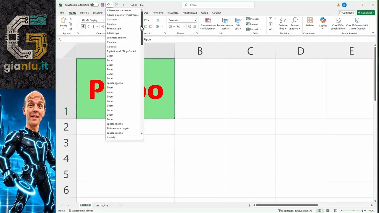 Excel con l’elenco delle operazioni aperto sotto il comando Annulla