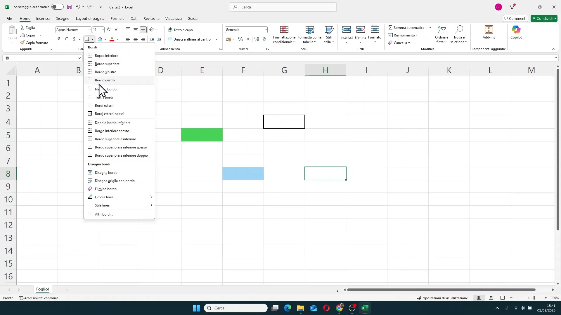 Menu bordi in Excel con varie opzioni