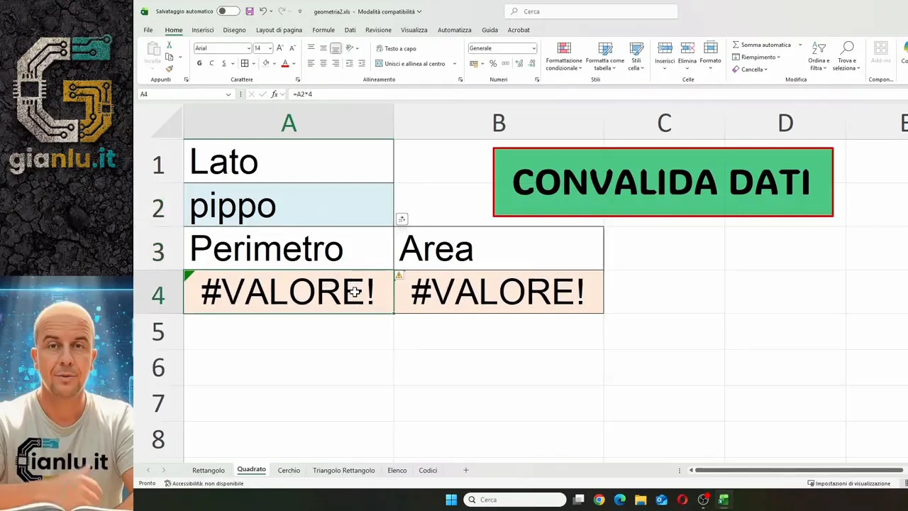 Excel sheet with pippo in the side cell and VALUE errors in the results