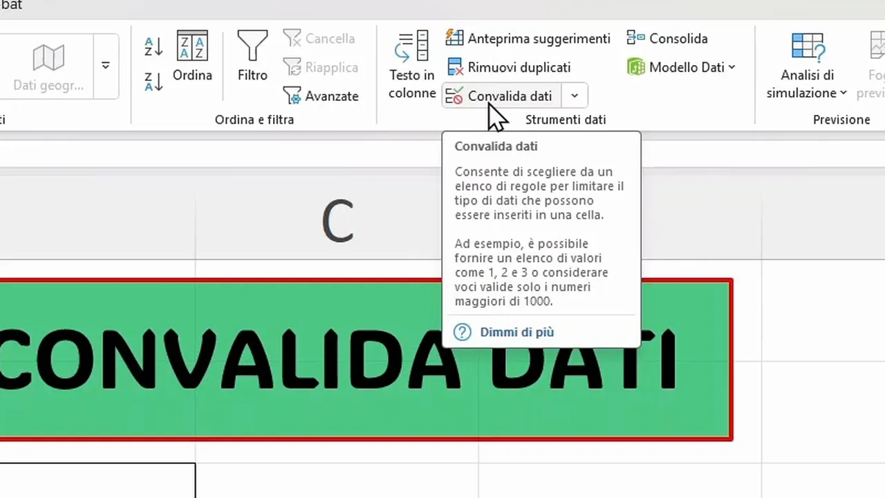 Excel Data tab with the Data Validation button and the description that appears when you hover over it