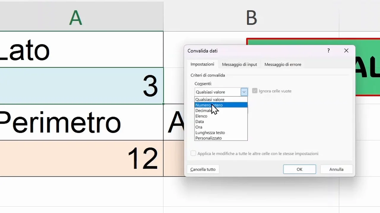 Data Validation window with the Allow menu open: Any value, Whole number, Decimal, List, Date, Time, Text length, Custom